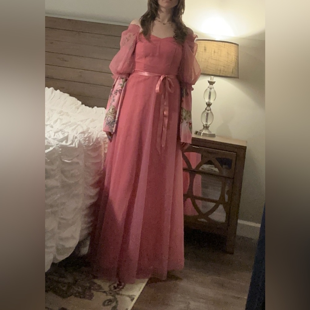VTG 70’s Elegant Pink Tulle Floral Dress Gown